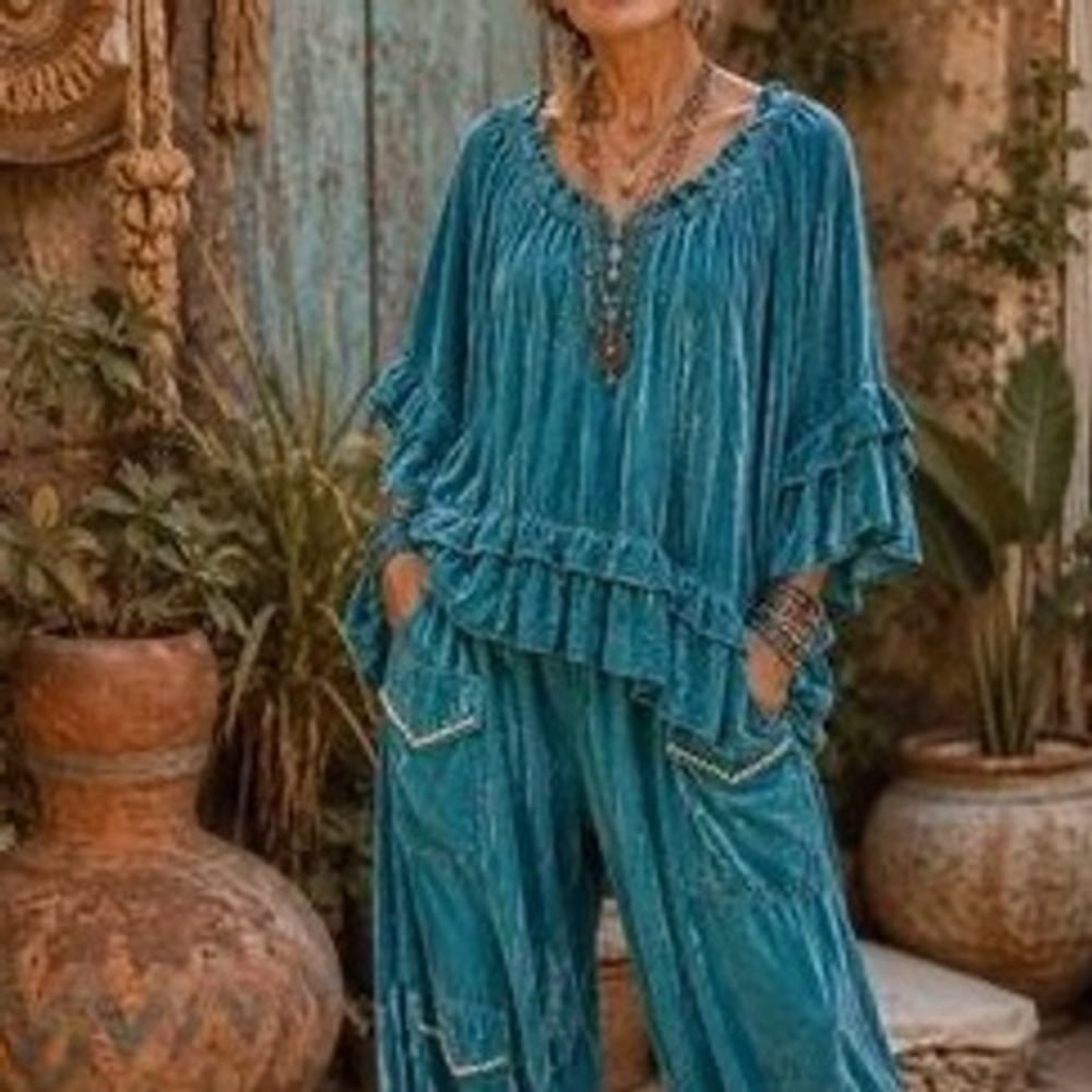 A Rare Bird Teal Blue Velvet Silk Blend Ruffle Tiered Tunic Top Oversized OS zz